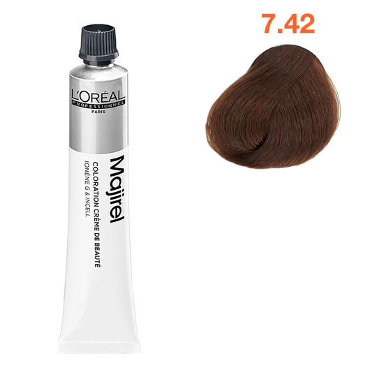 Coloration permanente Majirel 7.42 blond cuivr&eacute; iris&eacute;