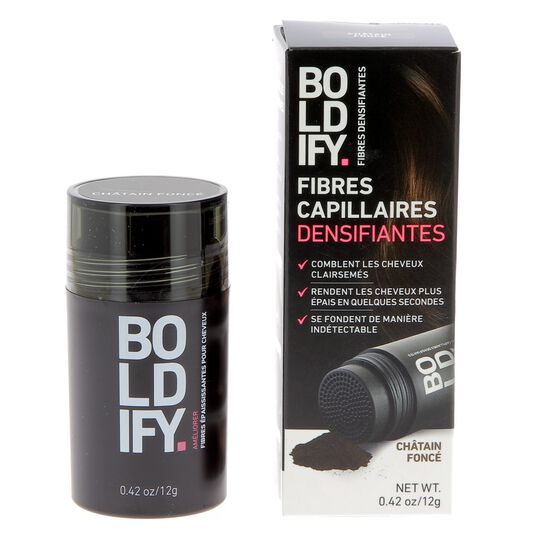 Fibres densifiantes pour cheveux ch&acirc;tain fonc&eacute;