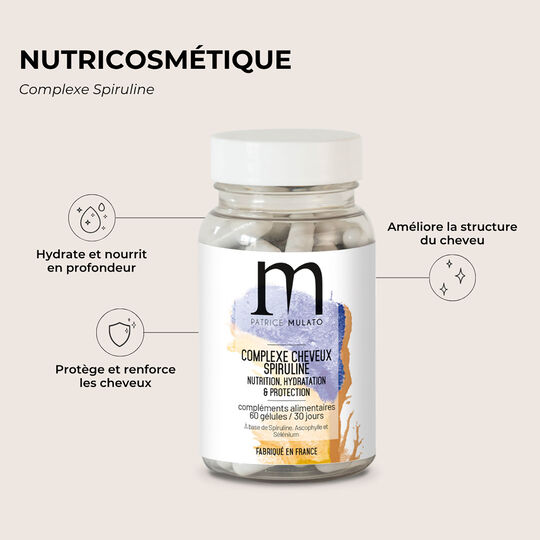 Compl&eacute;ment alimentaire complexe spiruline cheveux secs cure 30 jours